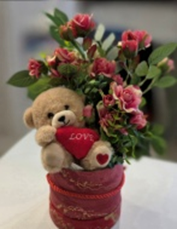 5 Stem Mini Roses With love Teddy Bear In A Box