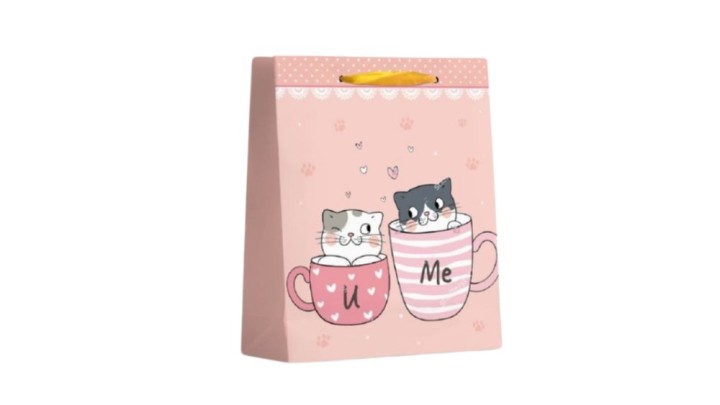 Small Gift bag pink with cute cats in mugs