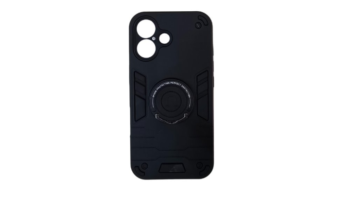 Black Rugged Armor iPhone 16 Case with Kickstand Ring