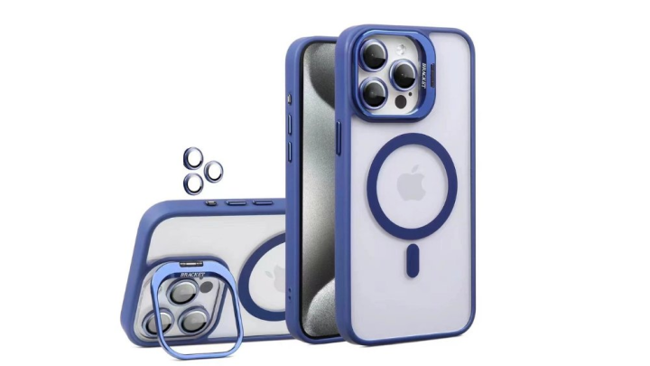 MagSafe iPhone 16pro blue Case with Camera Protection & Kickstand