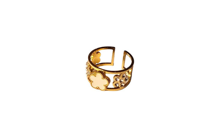 Stainless Steel Gold Ring with White Clover and Crystals