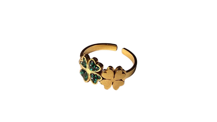 🍀 Adjustable Gold Stainless Steel Ring with Green Four-Leaf Clover