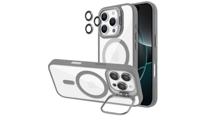 MagSafe iPhone 16+ silver Case with Camera Protection & Kickstand