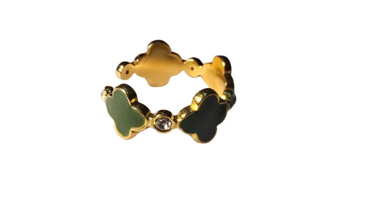 Gold Stainless Steel Clover Ring with Green Crystal Detail