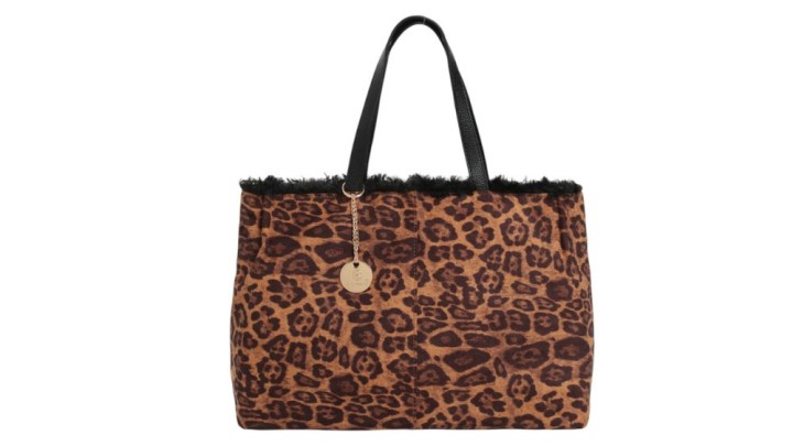 Leopard Print Tote Bag with Faux Fur Trim – Black Handles