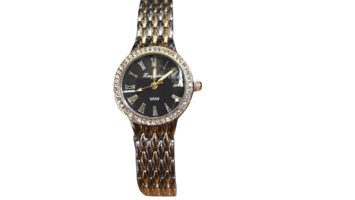 Black Dial Two-Tone Ladies Watch with Crystal Bezel