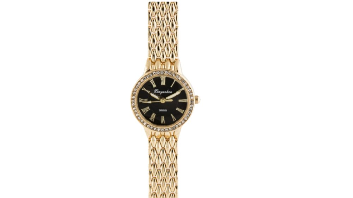 Elegant Ladies Watch with Black Dial, Crystal Bezel & Gold Stainless Steel Strap