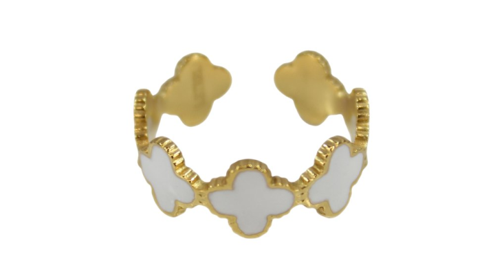 Stainless Steel Gold Ring with White Flower Details