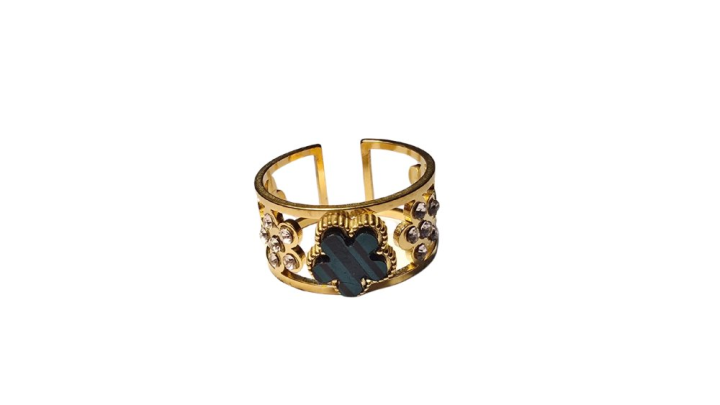 Stainless Steel Gold Ring with Green Clover & Crystals