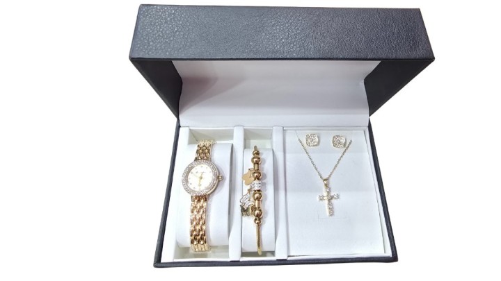Gold Women’s Watch with Cross Necklace & Earrings – 4-Piece Gift Set
