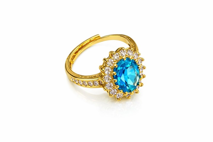 Gold Stainless Steel Ring with Aqua Blue Crystal