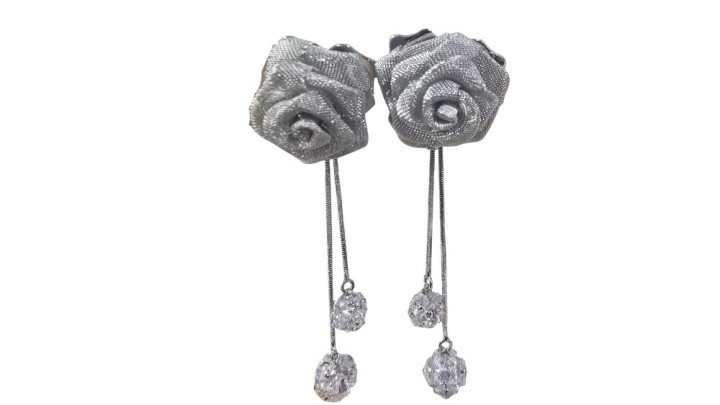 Silver Rose Fabric Drop Earrings