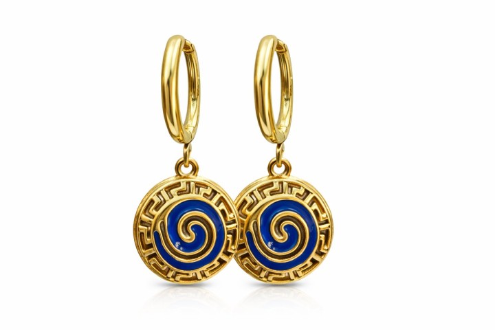 Gold Hoop Earrings with Blue Spiral Medallion