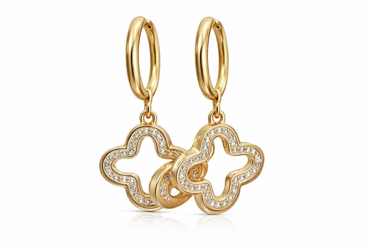 Gold Clover Crystal Charm Hoop Earrings