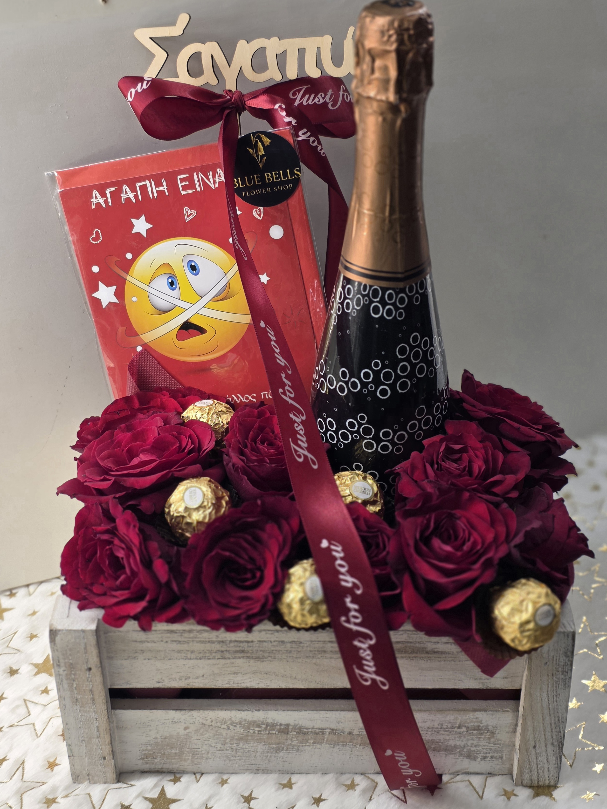 1Big Champaign,1 Card, 1 Wooden Box,6-8 Chocolate Roche & 9-11 Roses