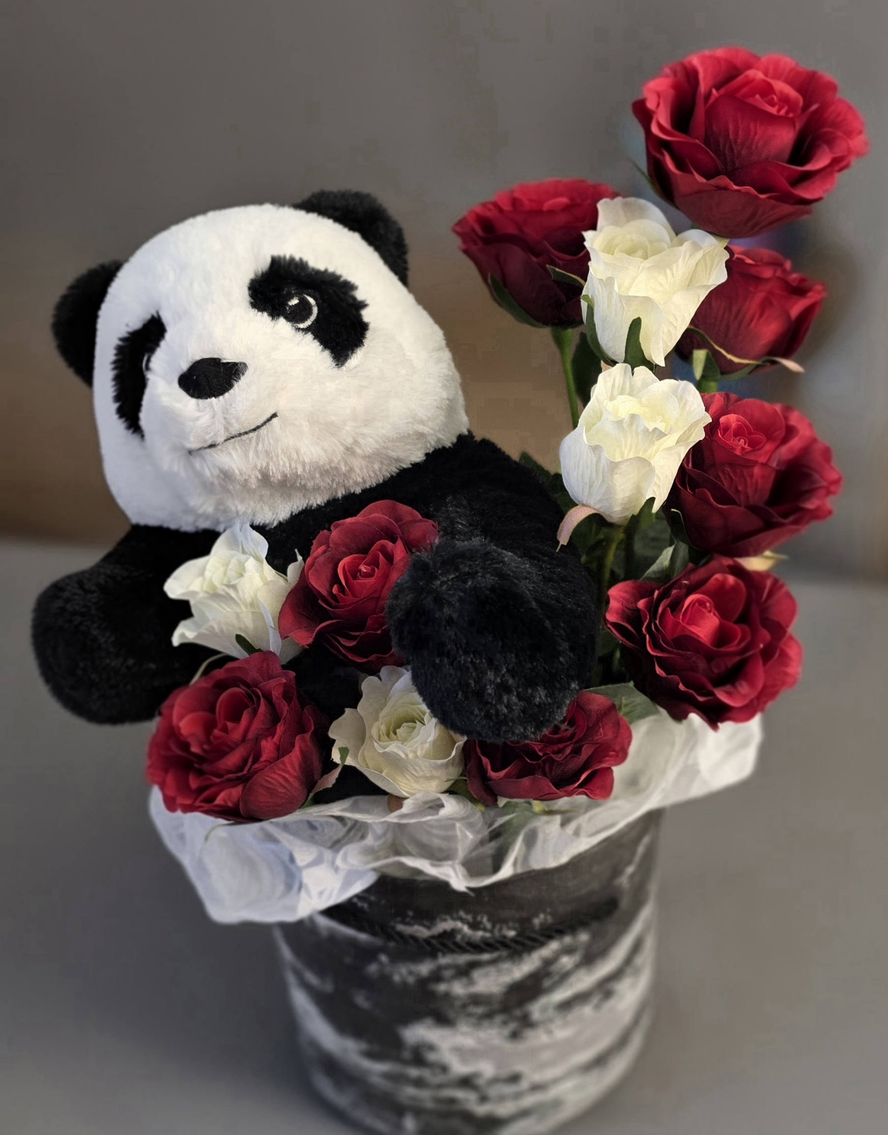 Large Box With Panda Bear, 13 - 15 First Quality  Roses With Grenery