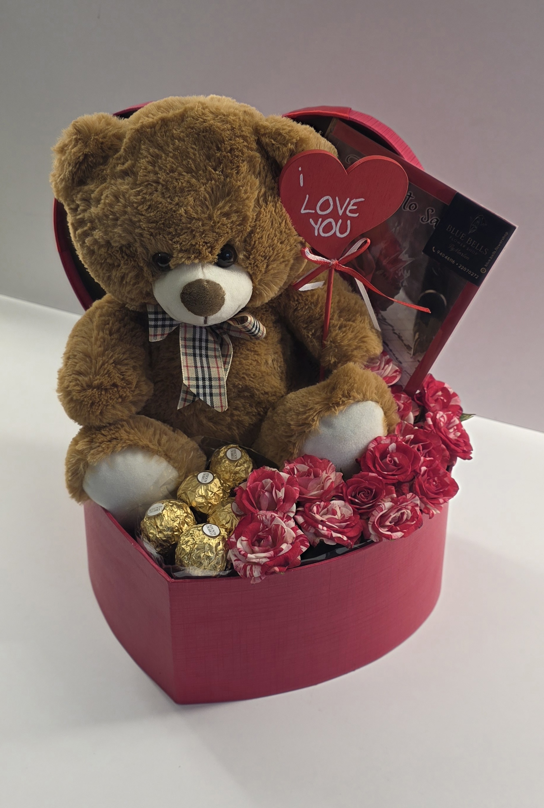 Heart Box With First Quality Mini Roses, 1Medium Size Tady Bear,6 Chocolates Roche & Stick-Card