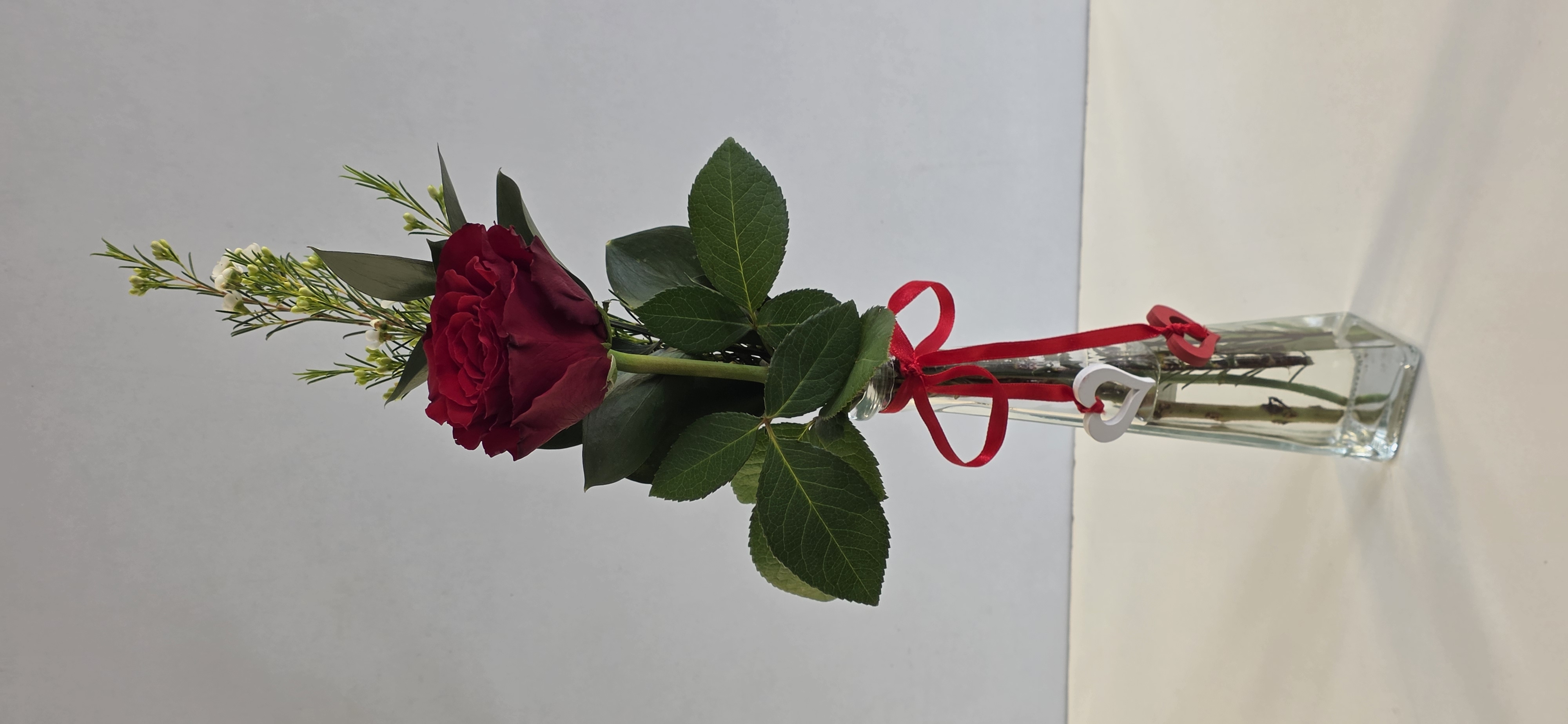 1 First Quality Rose With Seasonal Greenery In A Vase