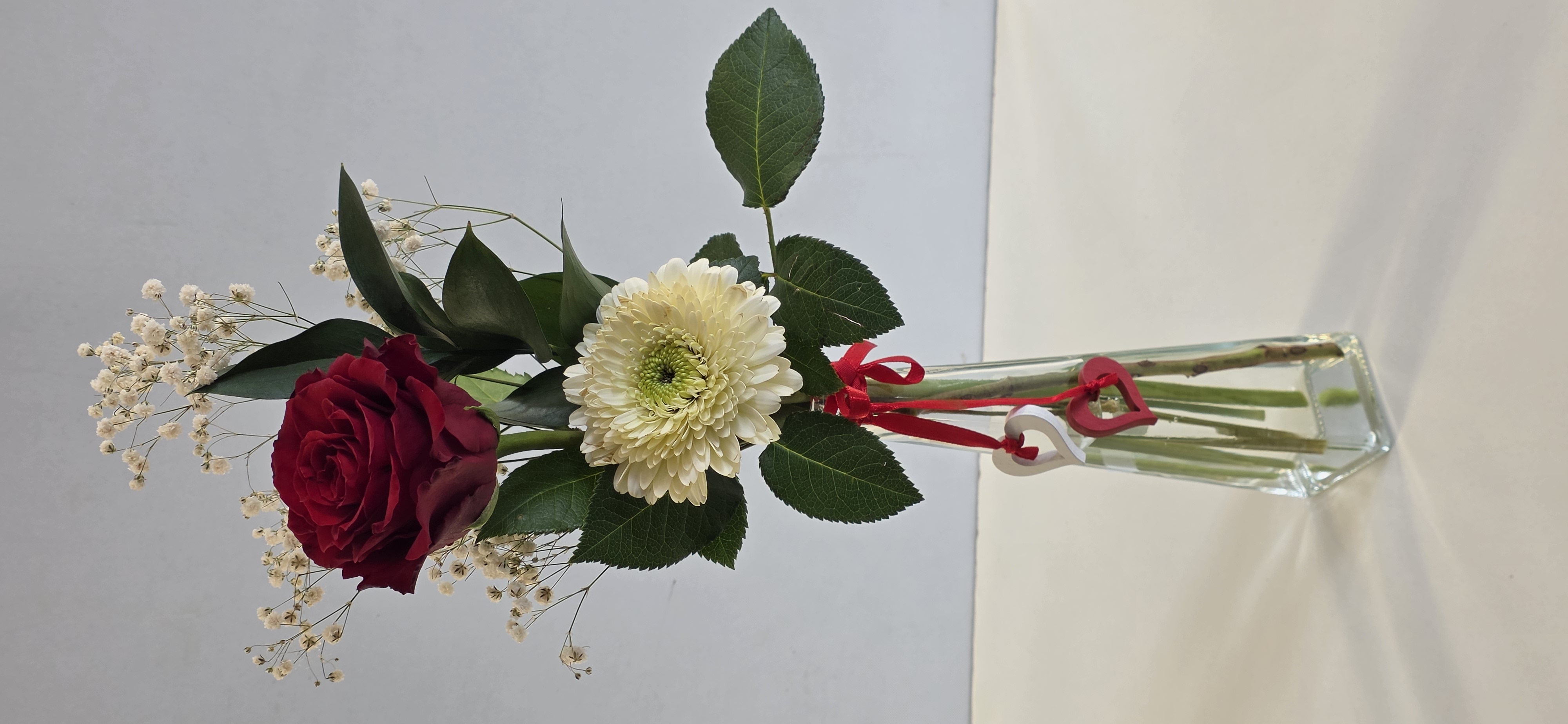 1 First Quality Rose,1 Gerpera With Seasonal Greenery In A Vase