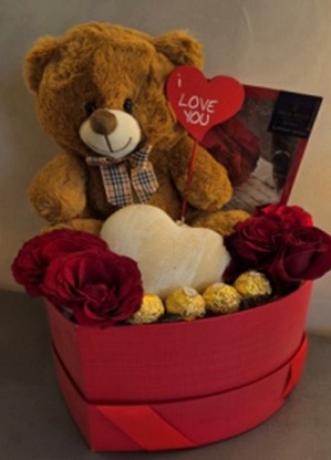 5 First Quality Red Roses, 1 Tedy Bear,1 Wooden Heart,4 Ferrero Roche & Stick-Card In Med Heart Box