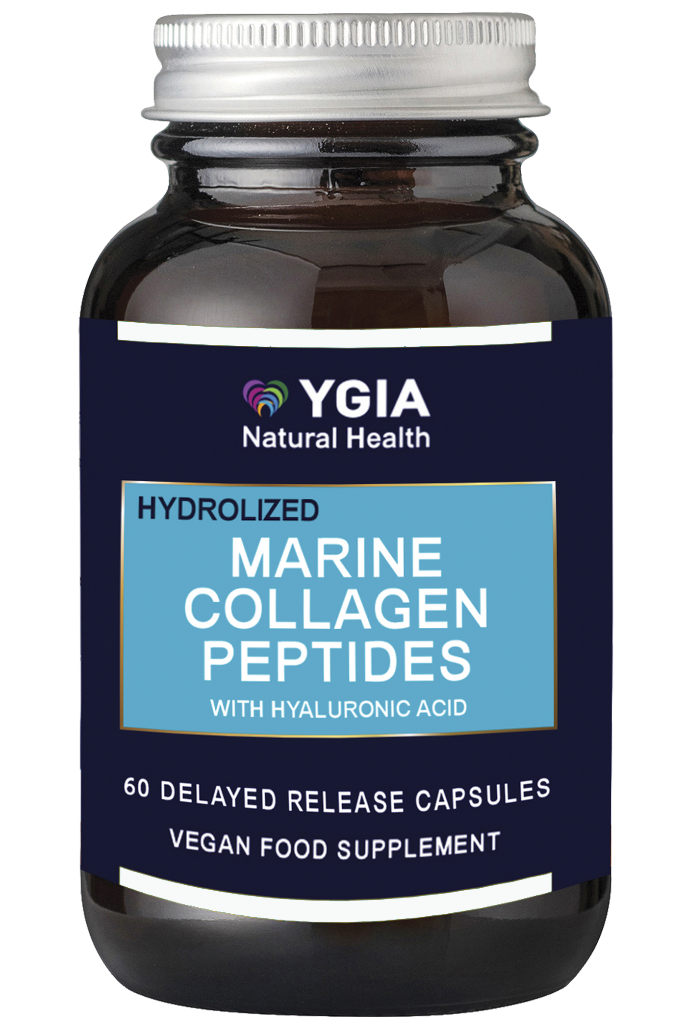 Hydrolized Marine Collagen Peptides with Hyaluronic Acid ♦ 60 Delayed Release  Veg Caps X 500mg  ♦ Amber Glass Bottles ♦ 100% Natural ♦ Non-GMO ♦ Gluten & Dairy Free ♦ No Additives