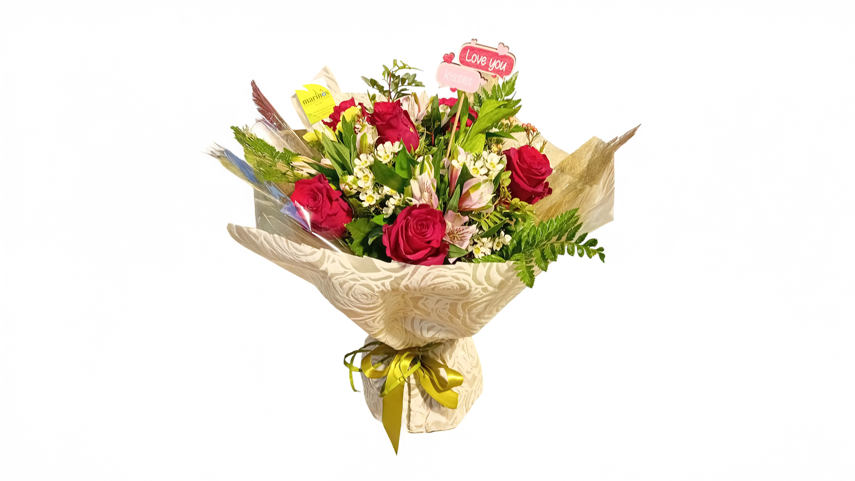 Water Bouquet red roses x 6 and alstromerias x 4