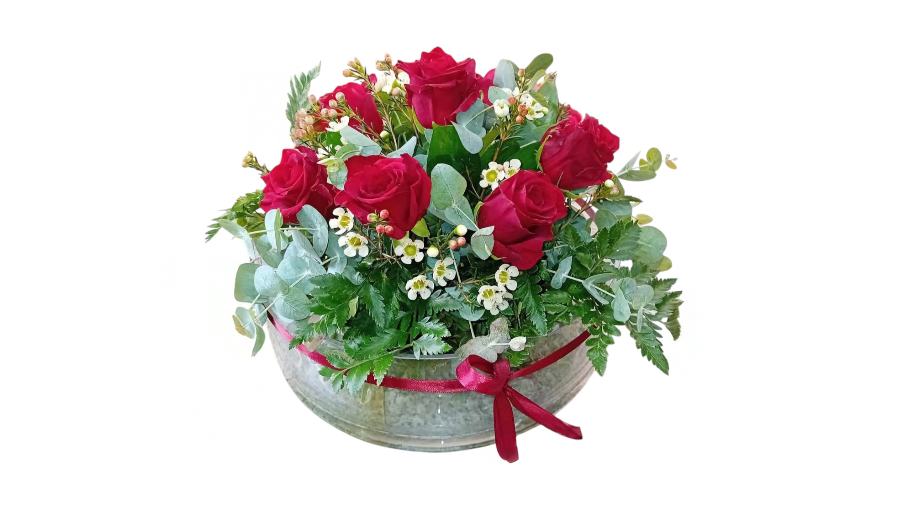 8 red roses in a flat glass or clay pot