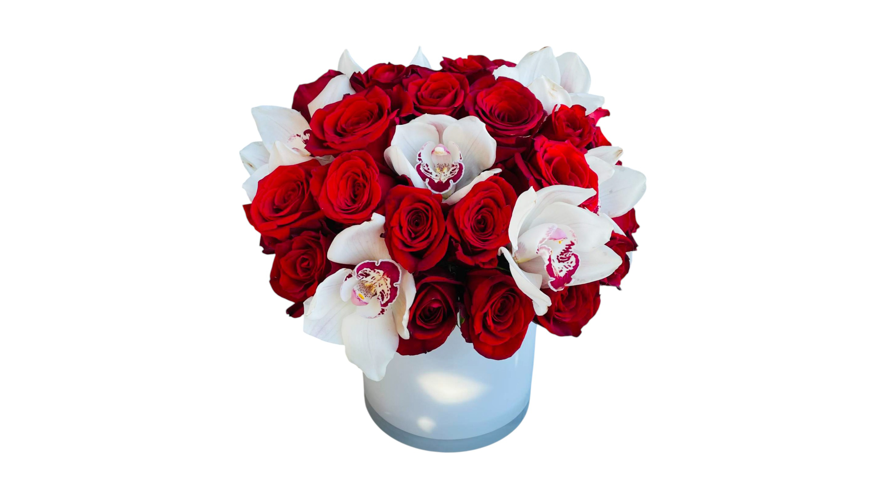 Roses red x 15 and Orchids x 6 in a glass or clay pot