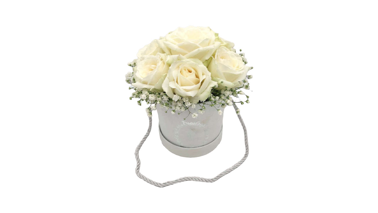 Box of 5 white roses. Colour of the box may vary depending on availability