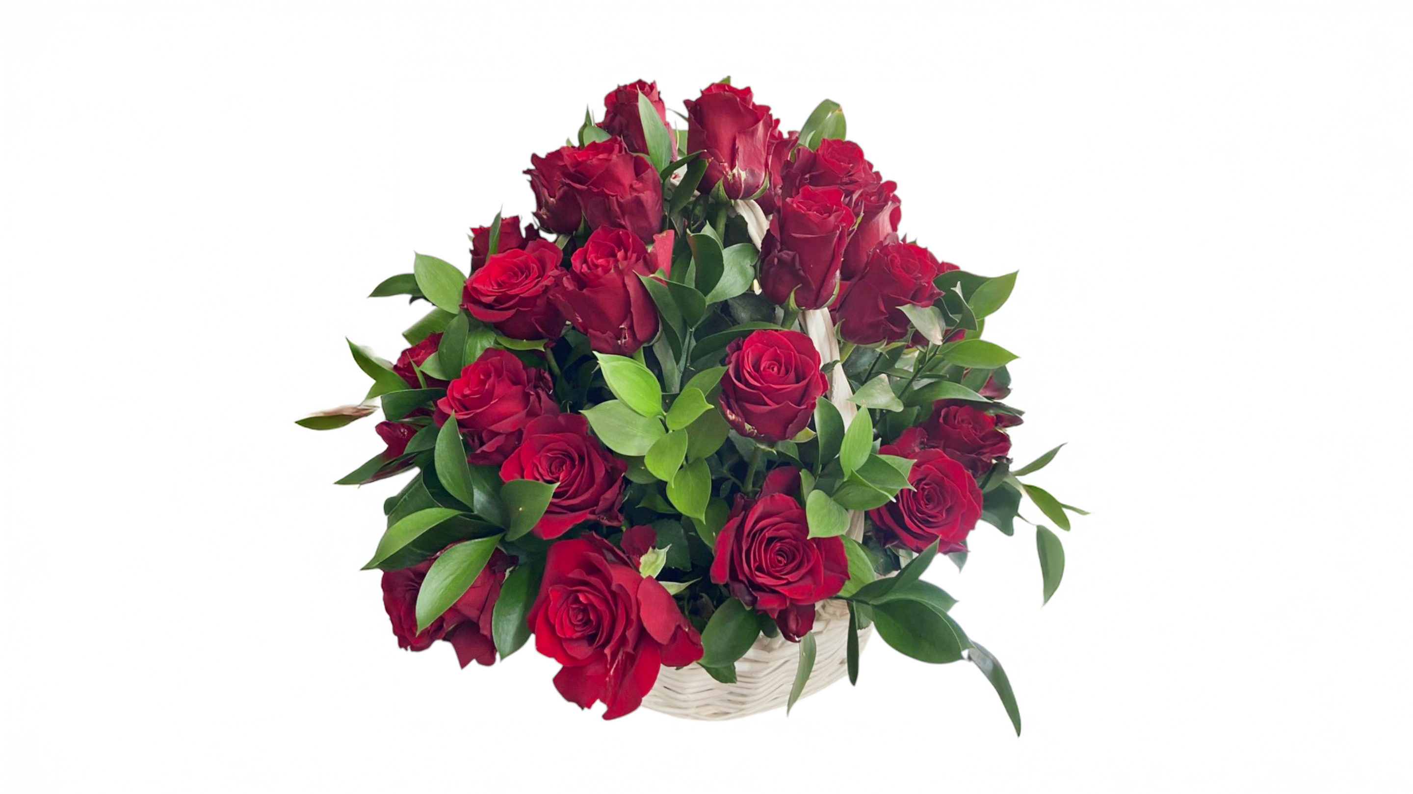 Basket of red roses. The colour of the basket may vary depending on availability