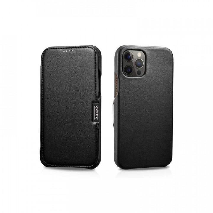 iCarer iPhone 12/12 Pro 6.1 Case Luxury Leather Series Side-open metal clip on the front Black