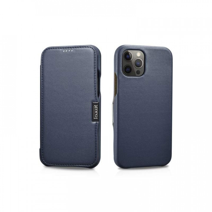 iCarer iPhone 12/12 Pro 6.1 Case Luxury Leather Series Side-open metal clip on the front Blue