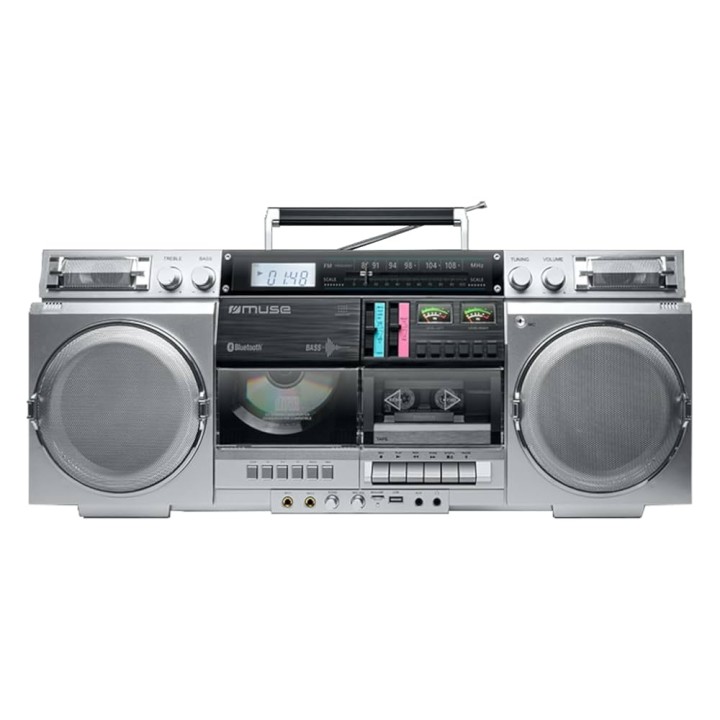 MUSE Retro Cassette Boombox with CD Player, Slver