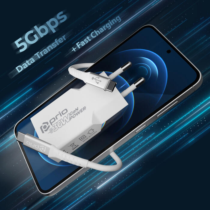 prio Charging Set 30W Charger + USB C - USB C 5Gbps cable white