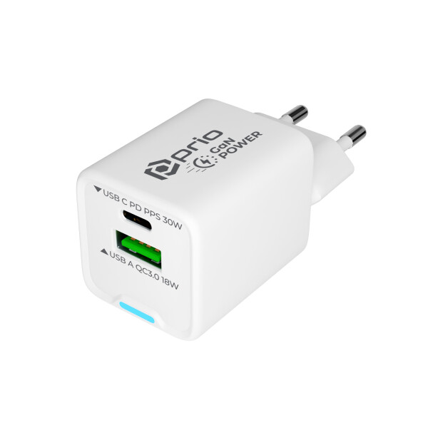 prio Wall Charger GaN Power 30W PD PPS USB C + QC 3.0 USB A white