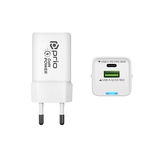 prio Wall Charger GaN Power 35W PD PPS USB C + QC 3.0 USB A white