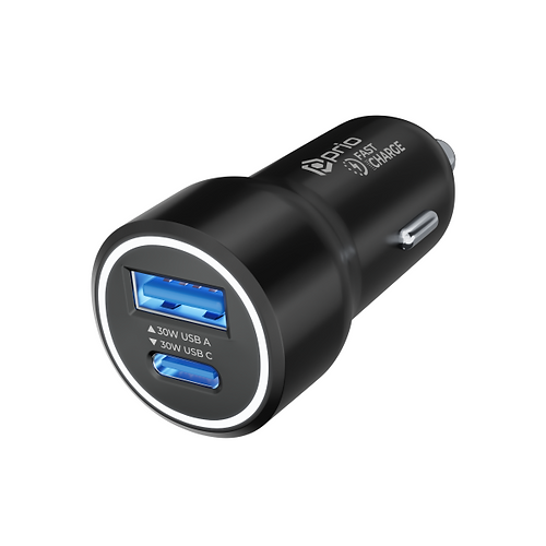 prio Fast Charge Car Charger 30W PD USB C + 30W USB A  black