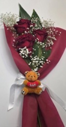 3 first quality red roses,Tedy Bear with seasonal grenerey