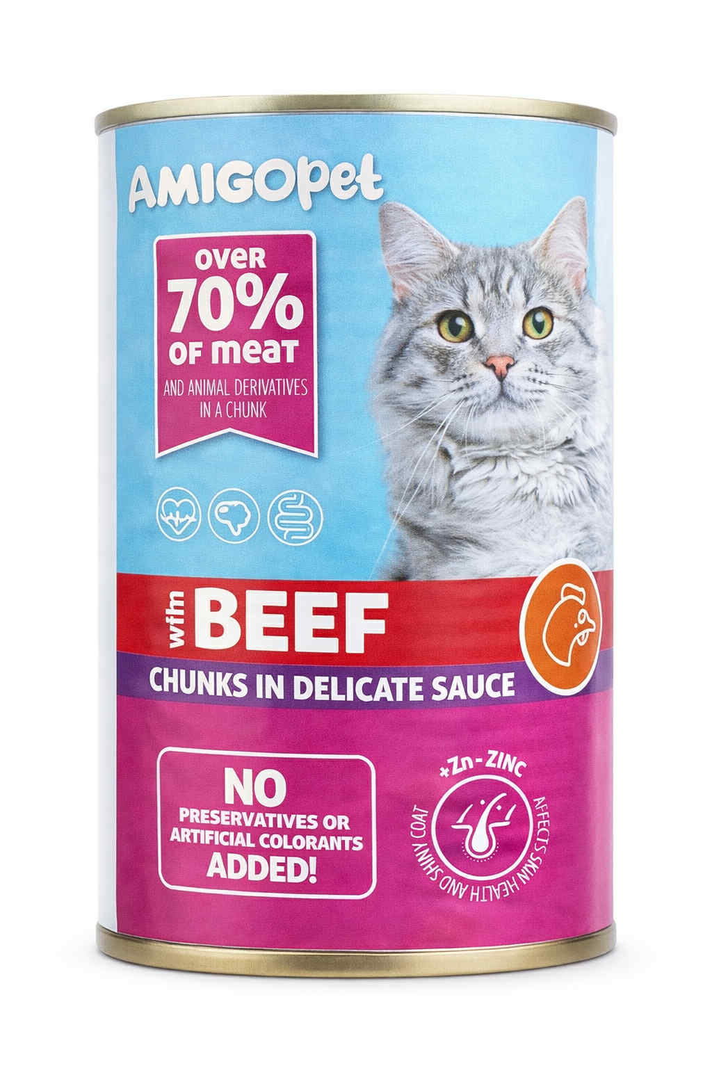 Amigo cat Αmigo κονσέρβες γάτους, κομμάτια σε σάλτσα με γεύση βοδινό. 400gr