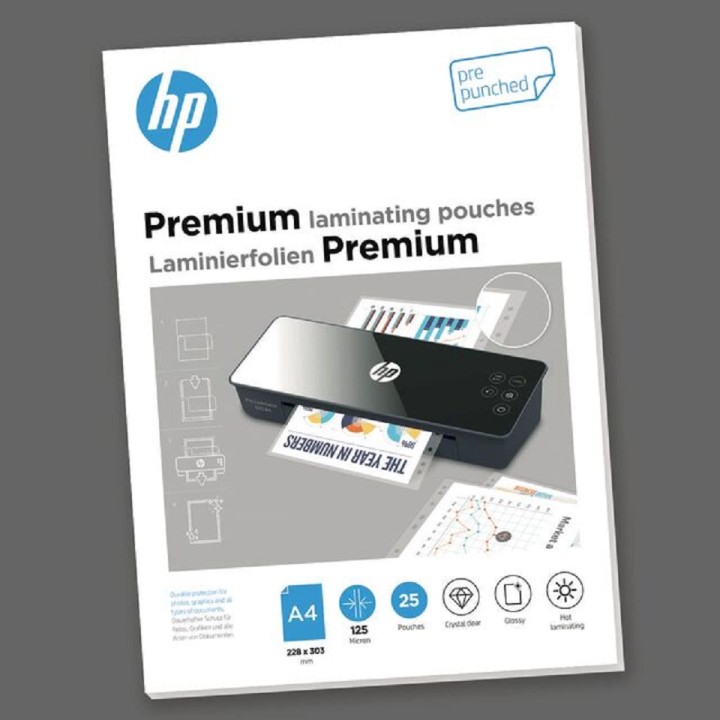 HP Premium Laminating Pouches, A4 pre-punched, 125 Micron, Pouches/Pack25 pcs,Pouch Size (mm) 228 x 303 (9122)