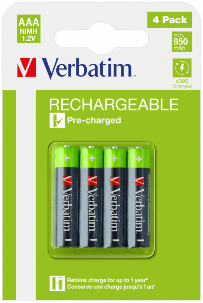 Verbatim Premium Alkaline Rechargeable Batteries HR03 AAA (4 PACK)