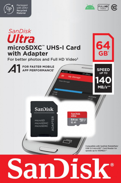 SanDisk Ultra  microSDXC 64GB With Adapter Class 10 A1