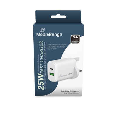 MediaRange 25W GaN Fast Charging Adapter (UK-Plug)  USB-A, USB-C