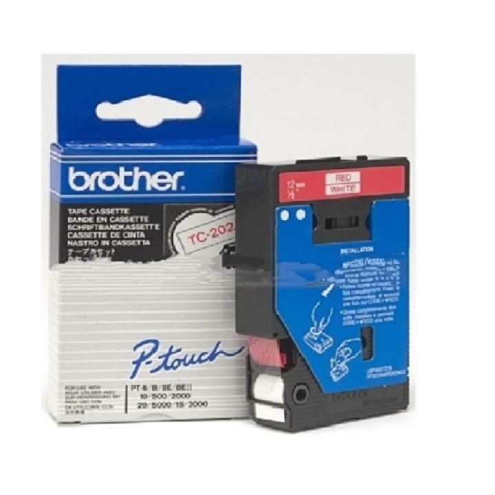 TC202 12mm RED ON WHITE 7.7m BROTHER P-TOUCH TAPE