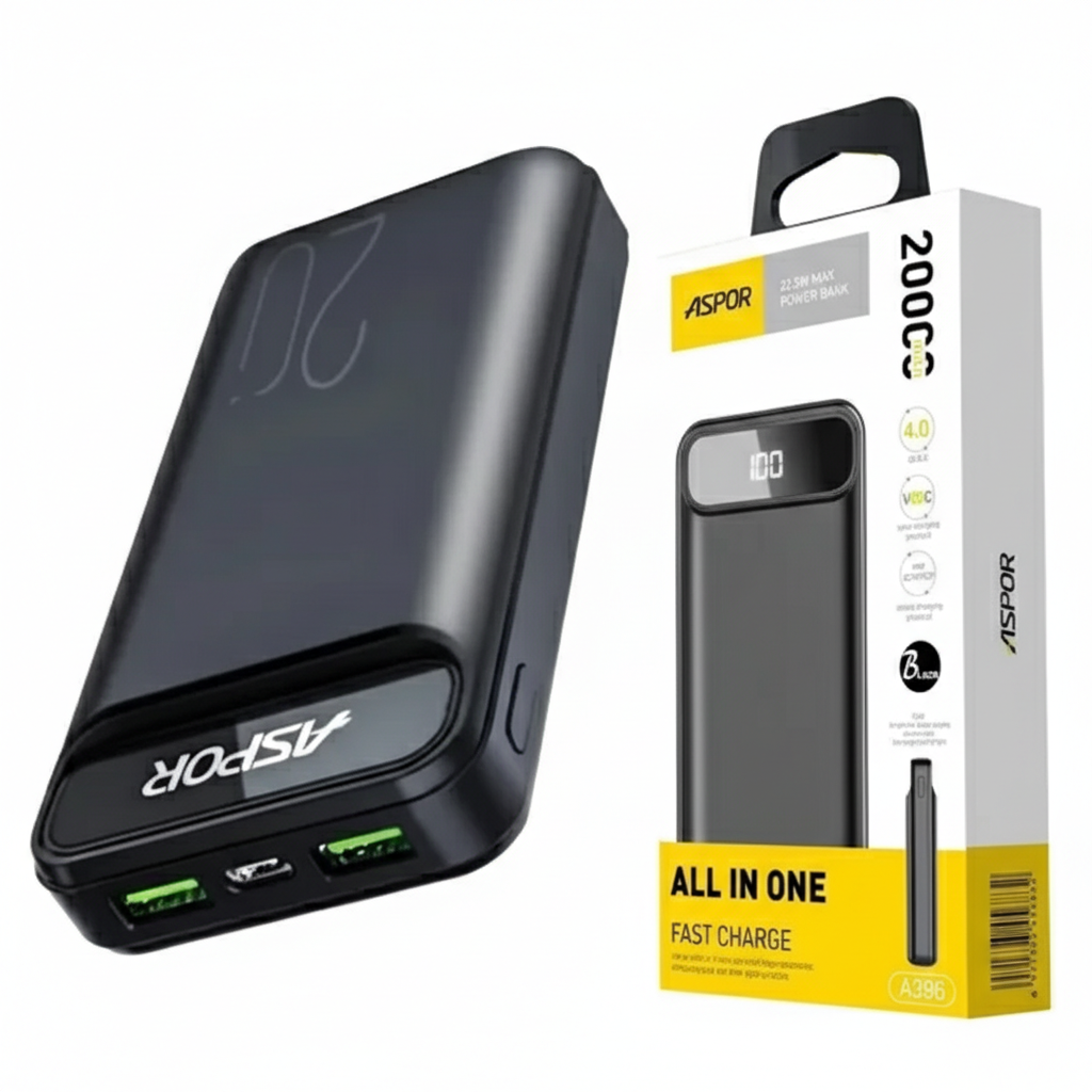 ASPOR A396 PD 20000mAh Power Bank, 22.5W Fast Charge, Black