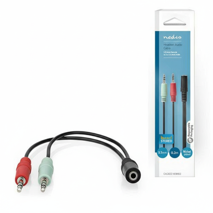 Nedis 3.5mm Headset Audio Adapter Cable, Female to Dual Male, 0.2m, Black