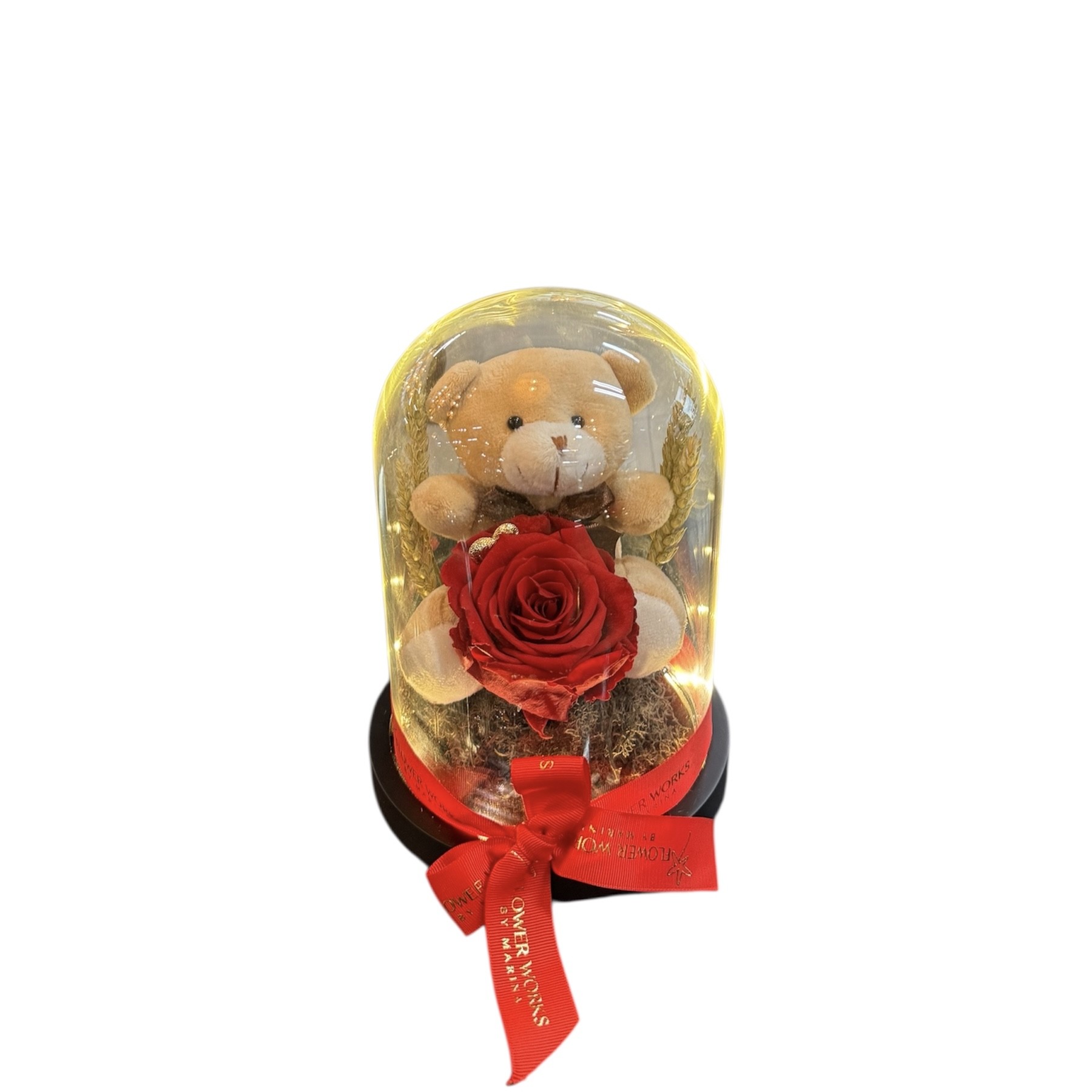 FOREVER BLOOM SEALED IN GLASS WITH TEDDY AND LIGHTS