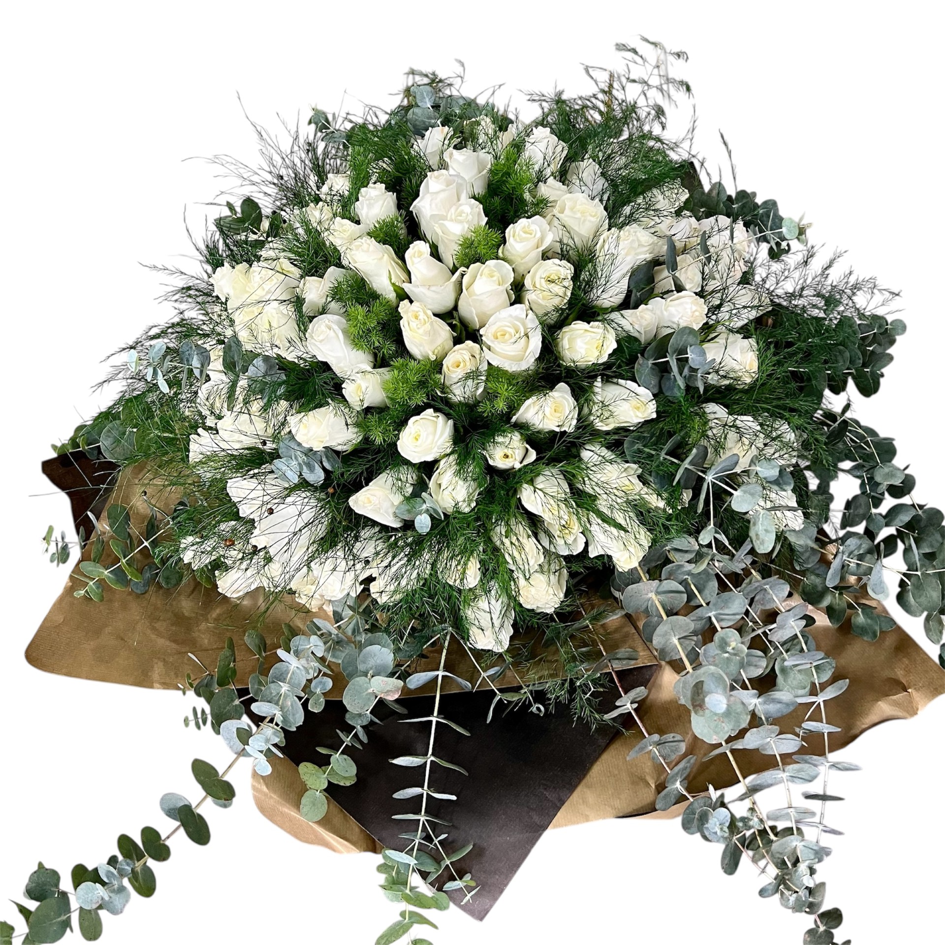 101 WHITE ROSES BOUQUET AND GREENERY