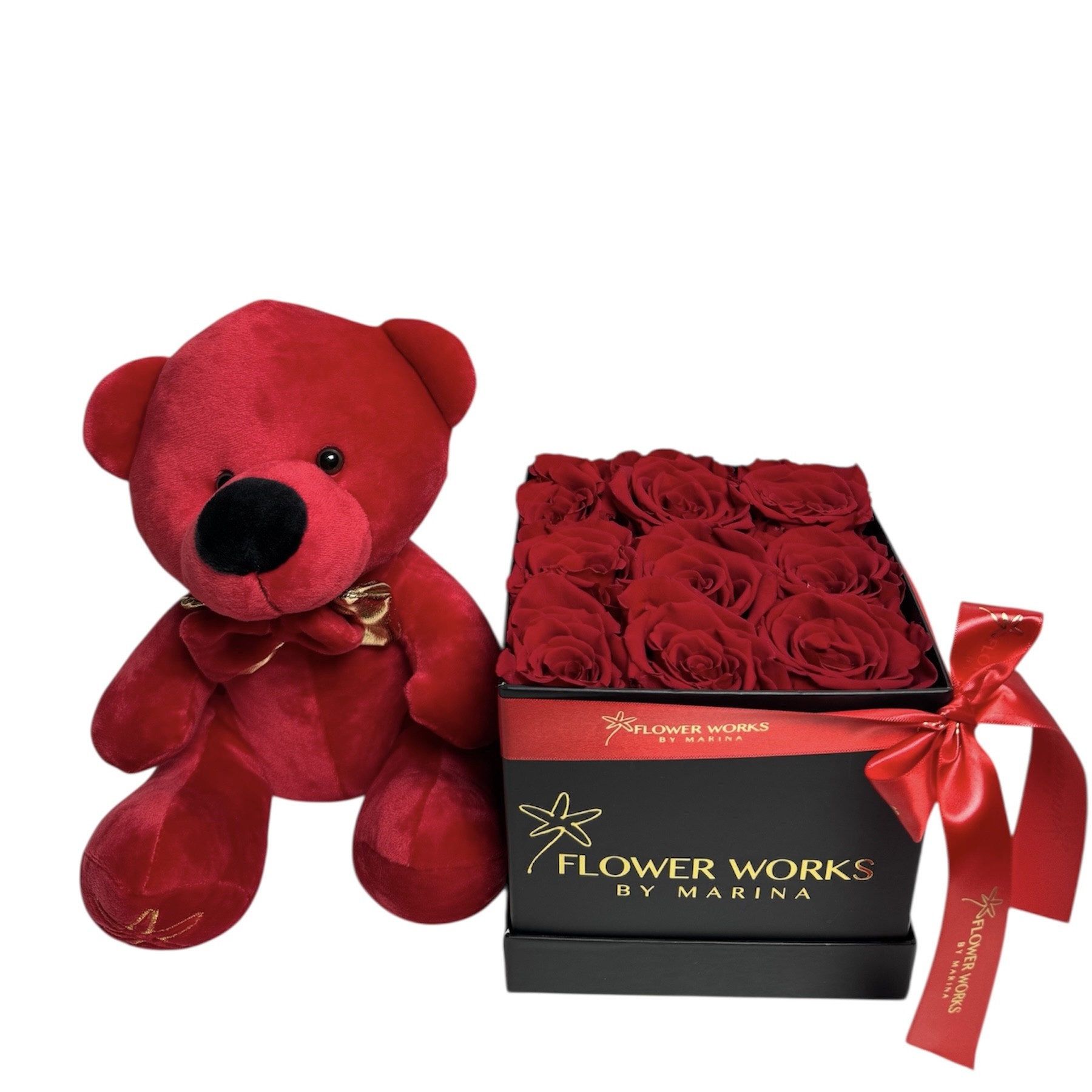 LUXURY SQUARE BOX WITH 9 PRESERVE ROSES  AND A LUXURY VELVET TEDDY