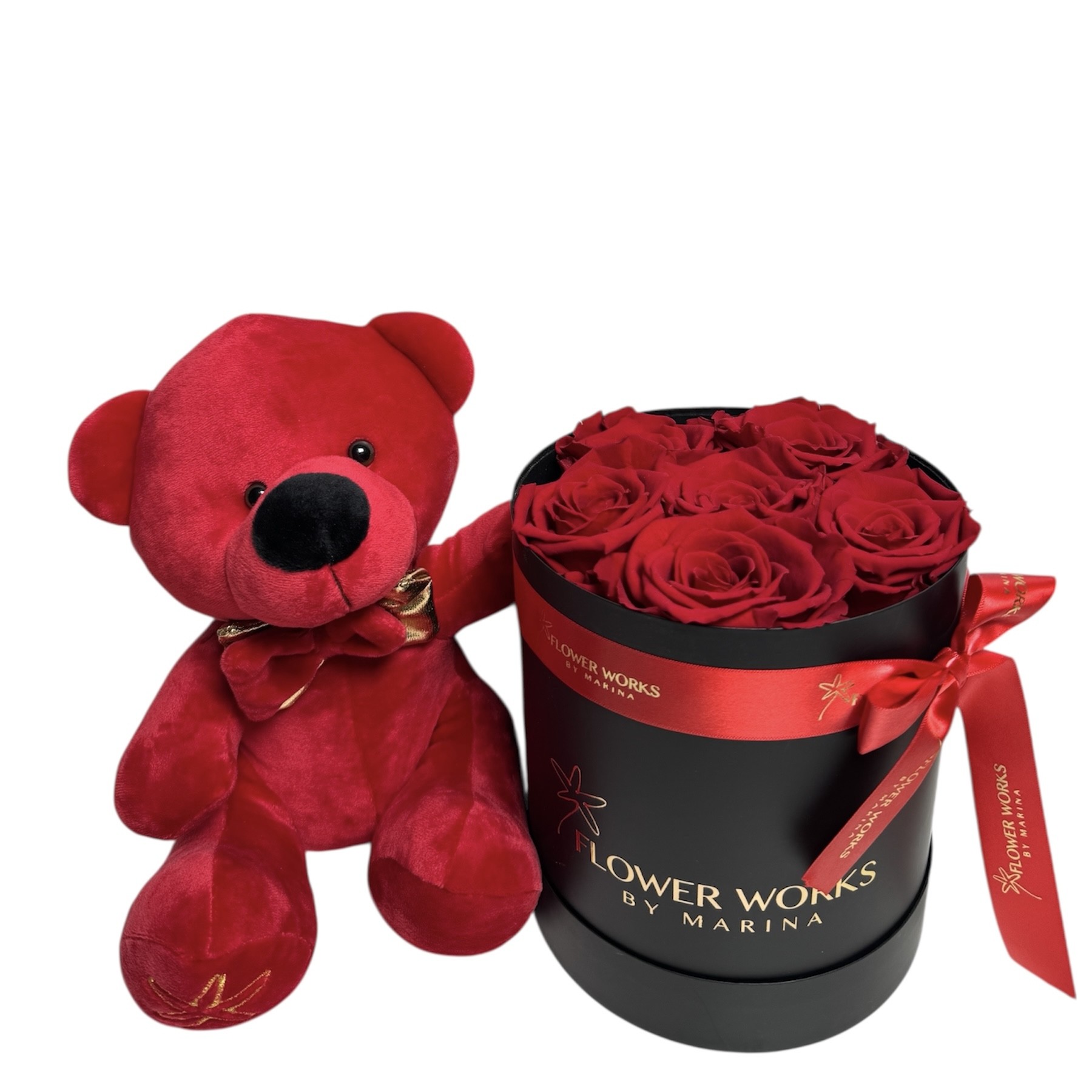 6 LUXURY PRESERVE ROSES AND AN EXCLUSIVE TEDDY